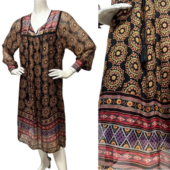 4 LOVE And LIBERTY Johnny Was Silk Mandala Dress Tassel Ties OVERSIZED S or M - Picture 5 of 16